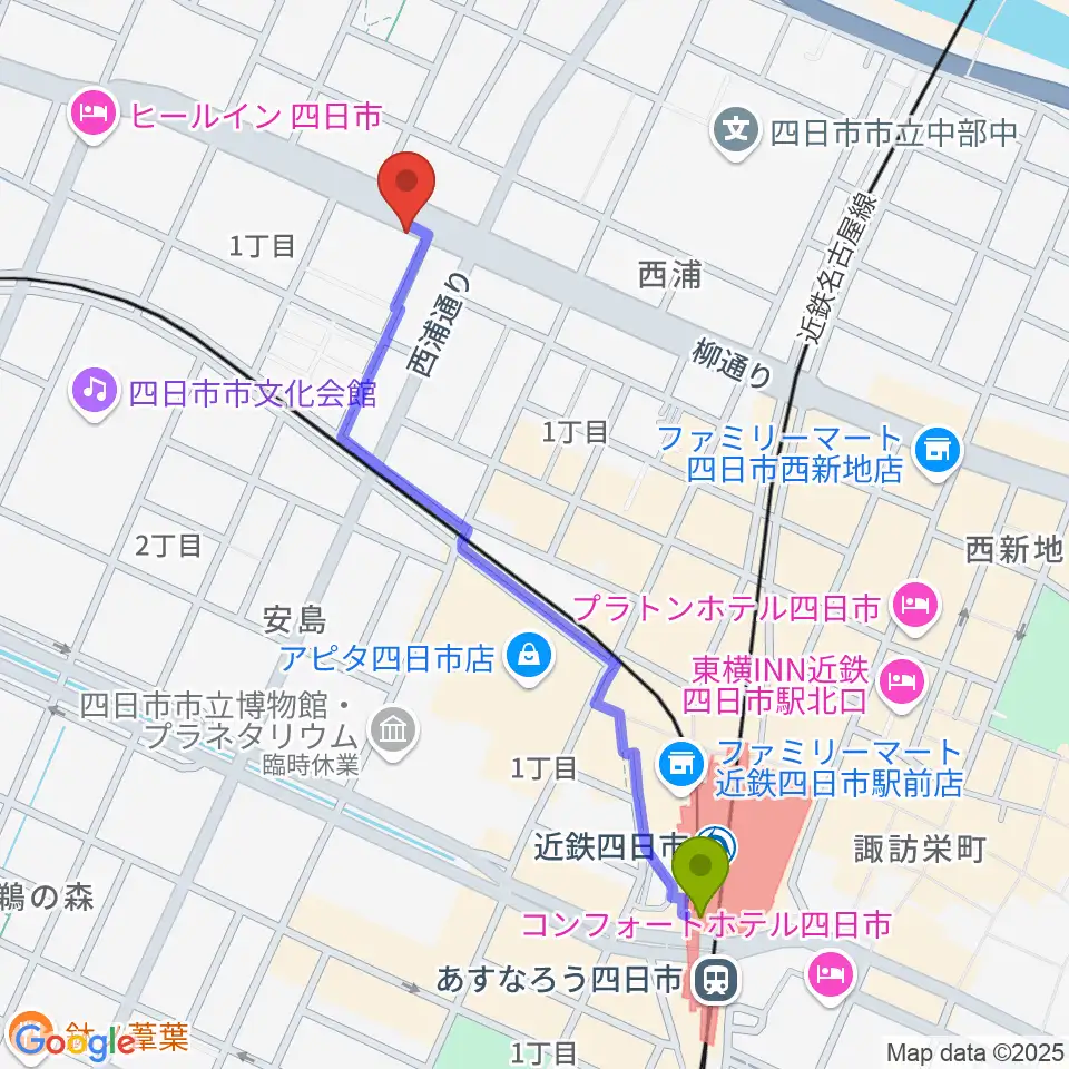 カワイ四日市ショップの最寄駅近鉄四日市駅からの徒歩ルート（約11分）地図