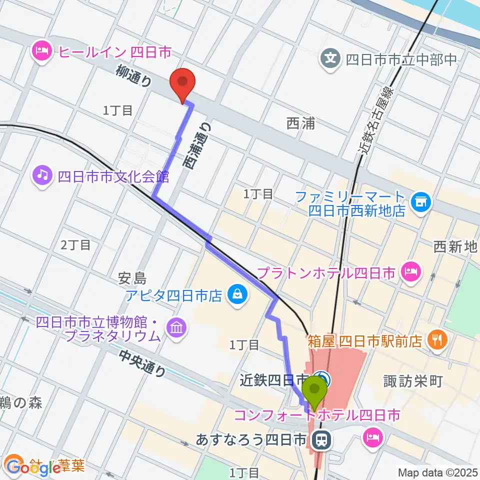 カワイ四日市ショップの最寄駅近鉄四日市駅からの徒歩ルート（約11分）地図
