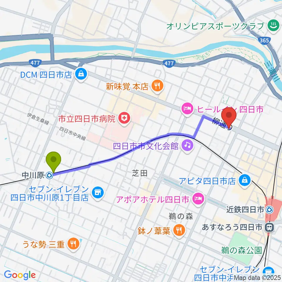 中川原駅からカワイ四日市ショップへのルートマップ地図