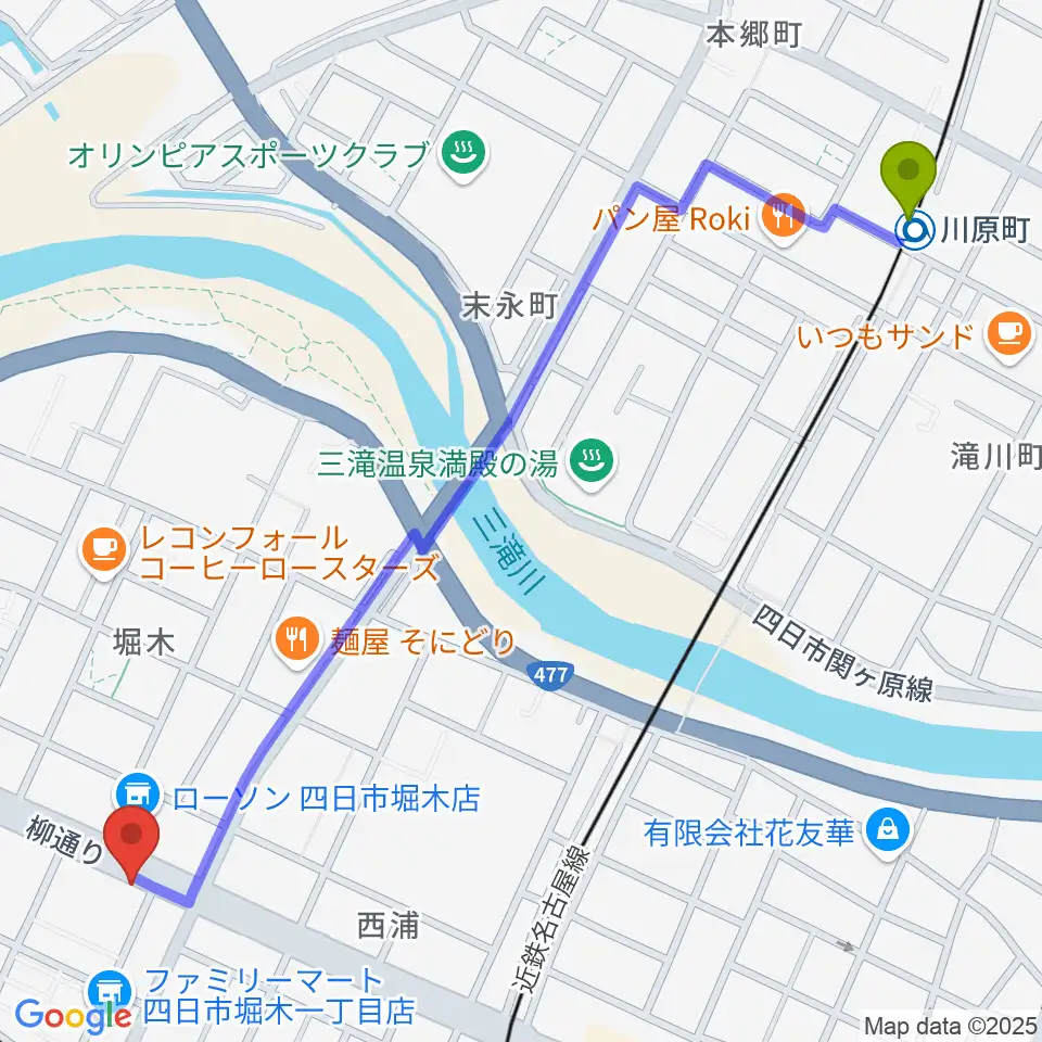 川原町駅からカワイ四日市ショップへのルートマップ地図