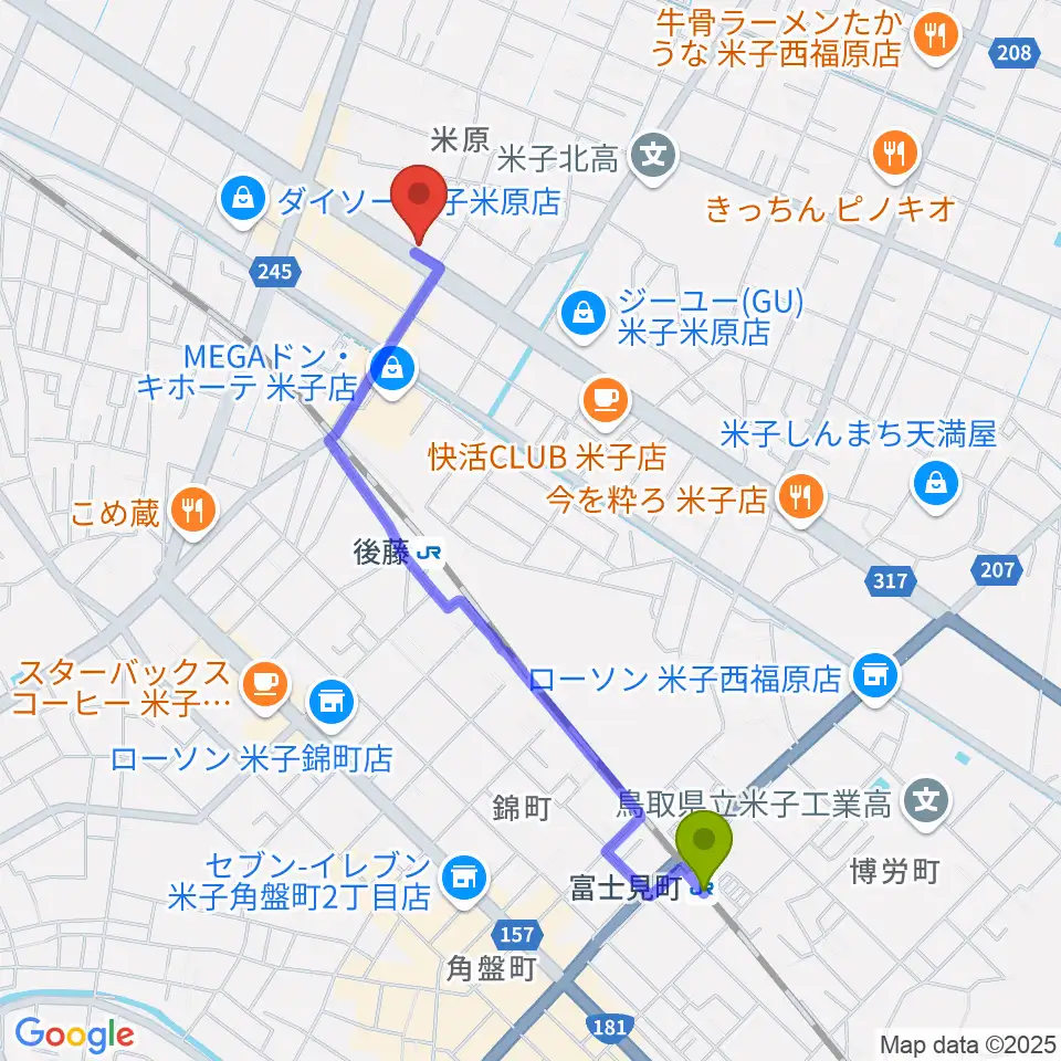 富士見町駅からカワイ米子ショップへのルートマップ地図