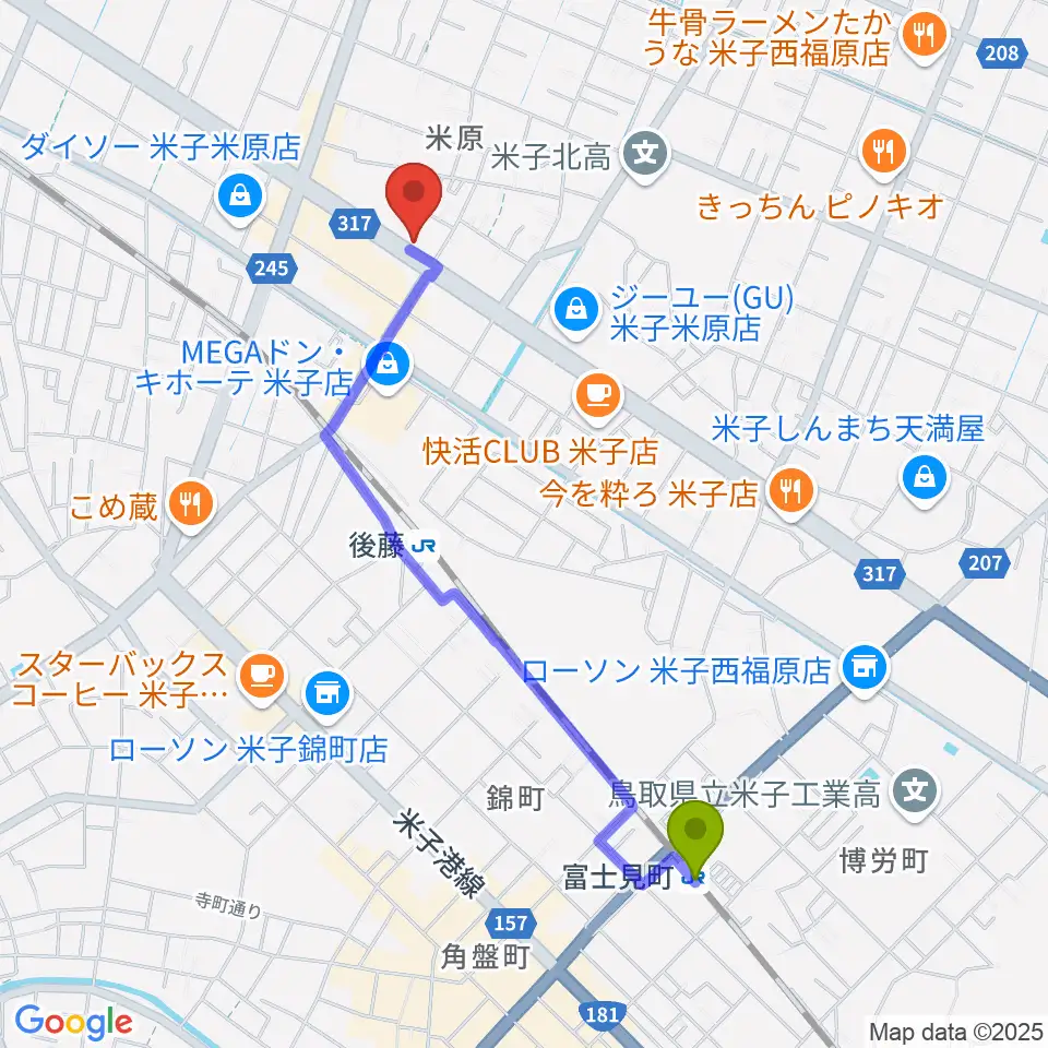 富士見町駅からカワイ米子ショップへのルートマップ地図