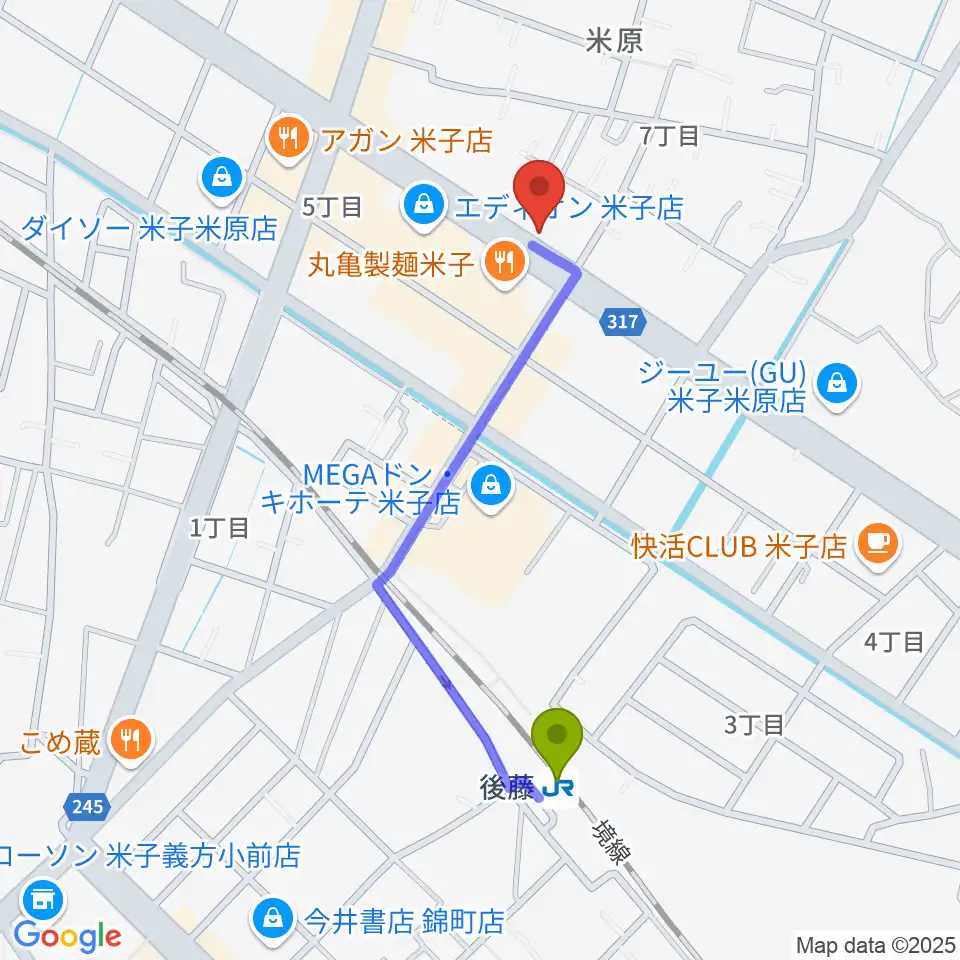 カワイ米子ショップの最寄駅後藤駅からの徒歩ルート（約9分）地図