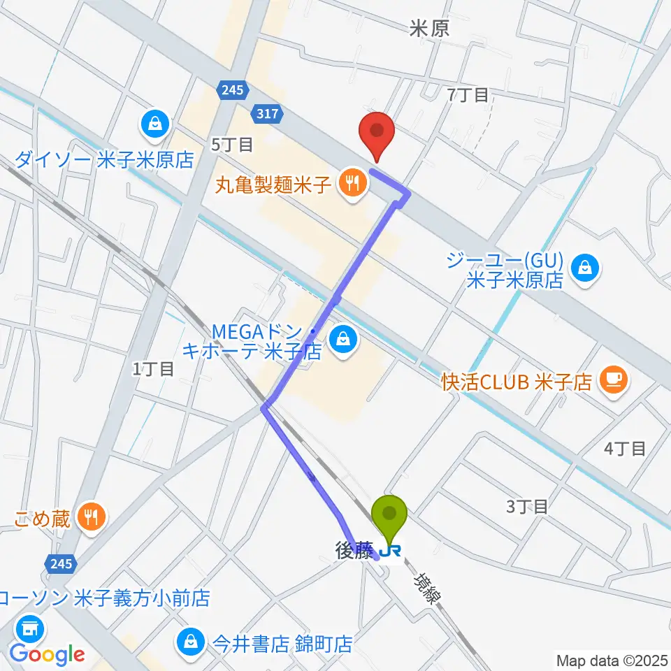 カワイ米子ショップの最寄駅後藤駅からの徒歩ルート（約9分）地図