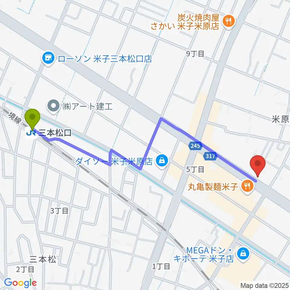 三本松口駅からカワイ米子ショップへのルートマップ地図