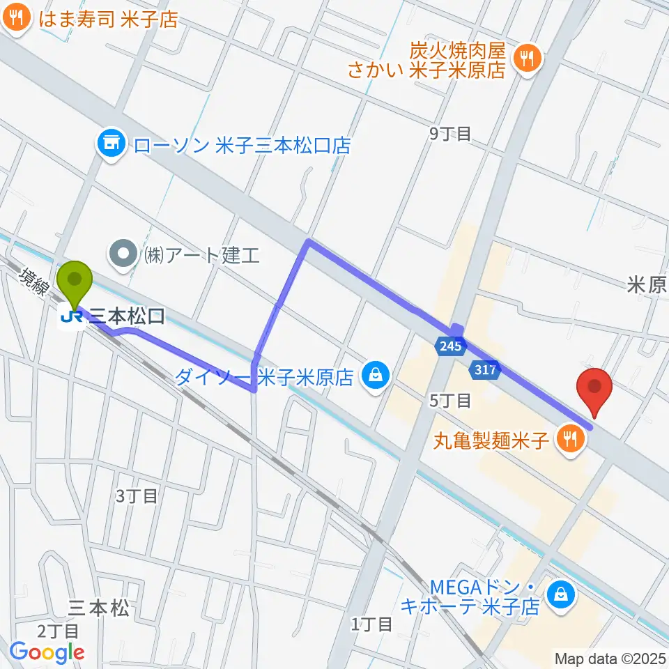 三本松口駅からカワイ米子ショップへのルートマップ地図