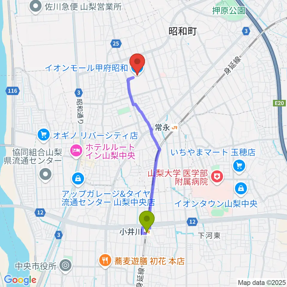 小井川駅から島村楽器 イオンモール甲府昭和店へのルートマップ地図