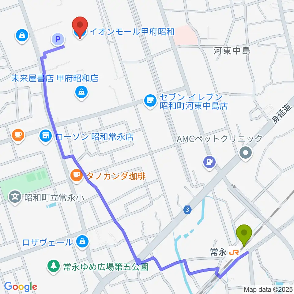 島村楽器 イオンモール甲府昭和店の最寄駅常永駅からの徒歩ルート（約14分）地図