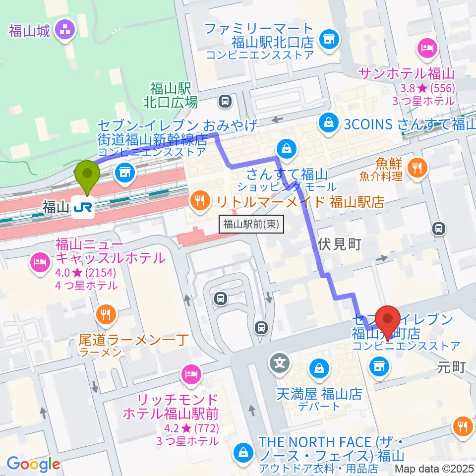 カワイ福山ショップの最寄駅福山駅からの徒歩ルート（約6分）地図