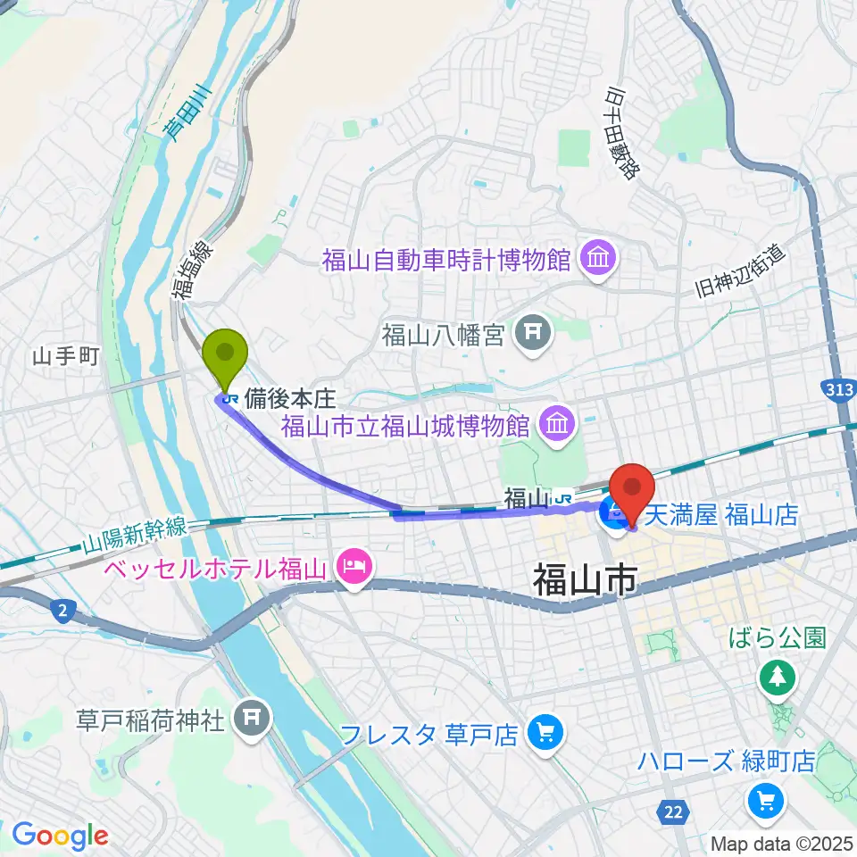 備後本庄駅からカワイ福山ショップへのルートマップ地図