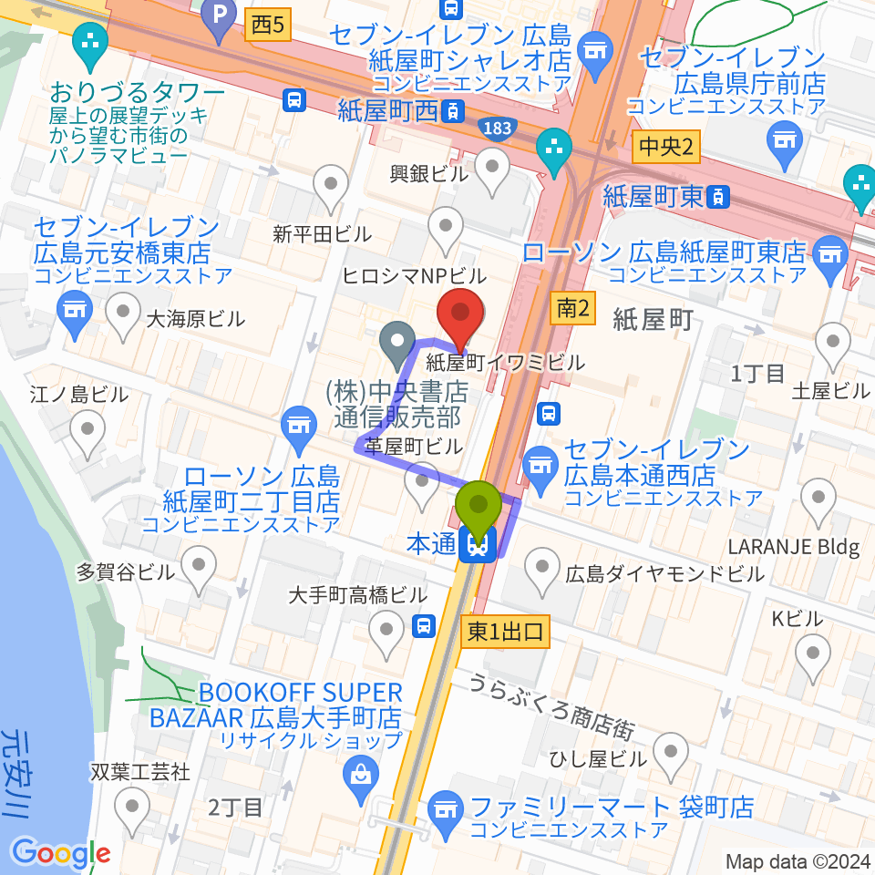 カワイ広島の最寄駅本通駅からの徒歩ルート（約2分）地図