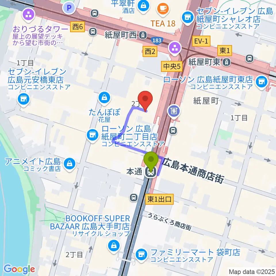 カワイ広島の最寄駅本通駅からの徒歩ルート（約2分）地図