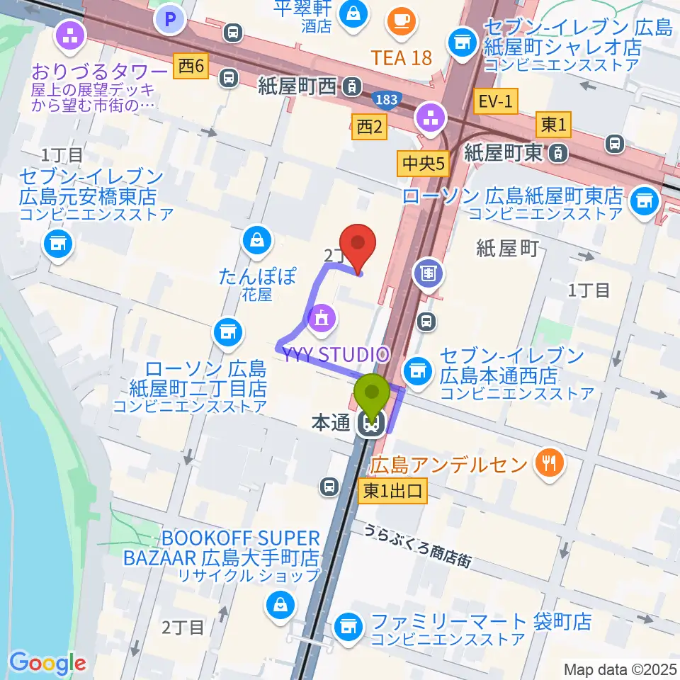 カワイ広島の最寄駅本通駅からの徒歩ルート（約2分）地図