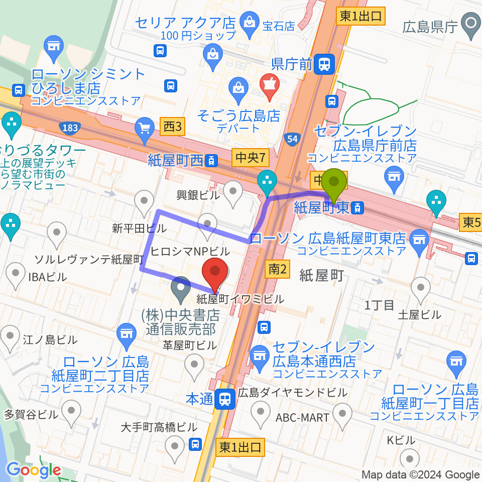 紙屋町東駅からカワイ広島へのルートマップ地図