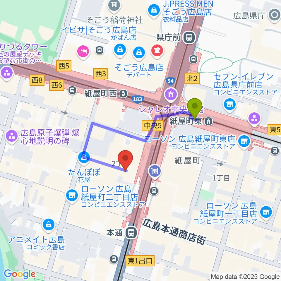 紙屋町東駅からカワイ広島へのルートマップ地図