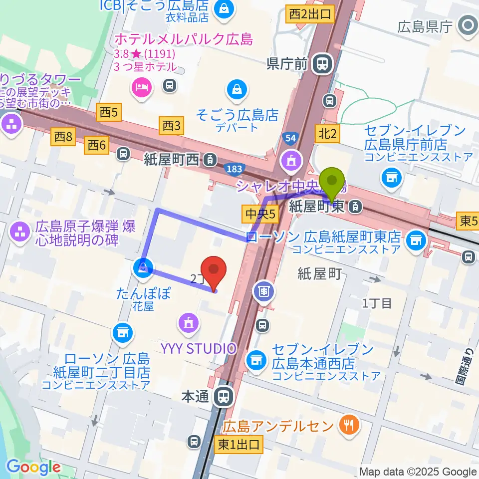 紙屋町東駅からカワイ広島へのルートマップ地図