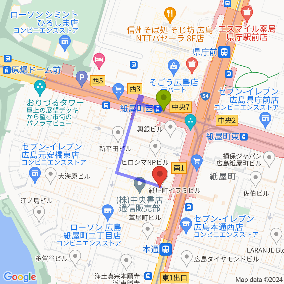 紙屋町西駅からカワイ広島へのルートマップ地図