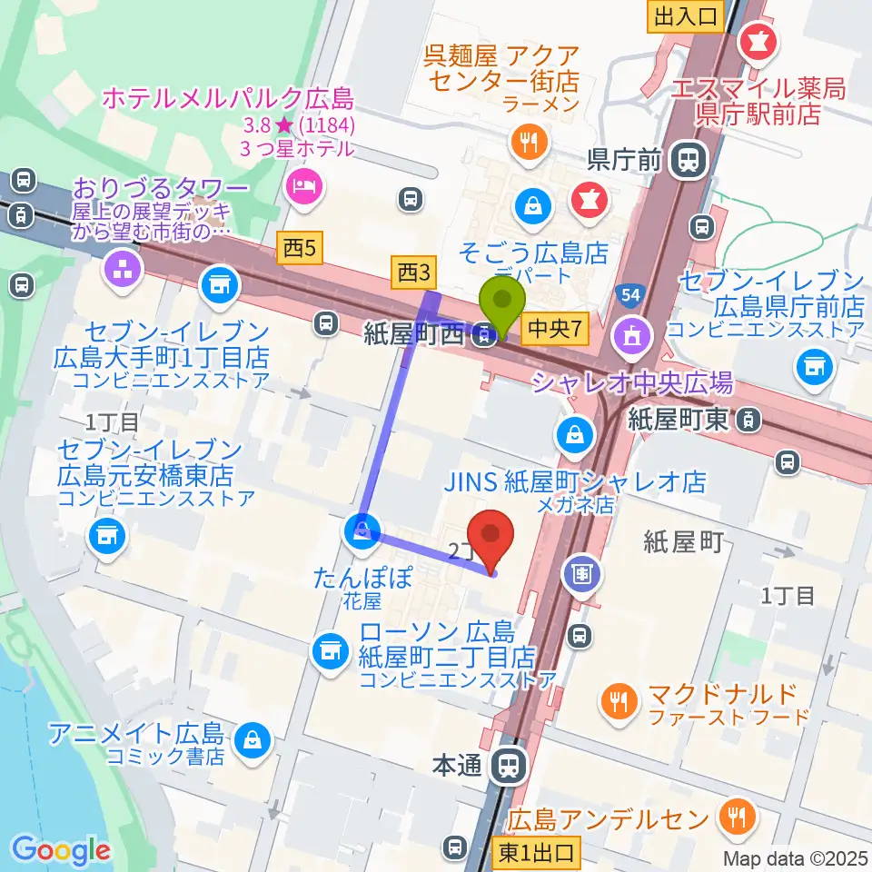 紙屋町西駅からカワイ広島へのルートマップ地図