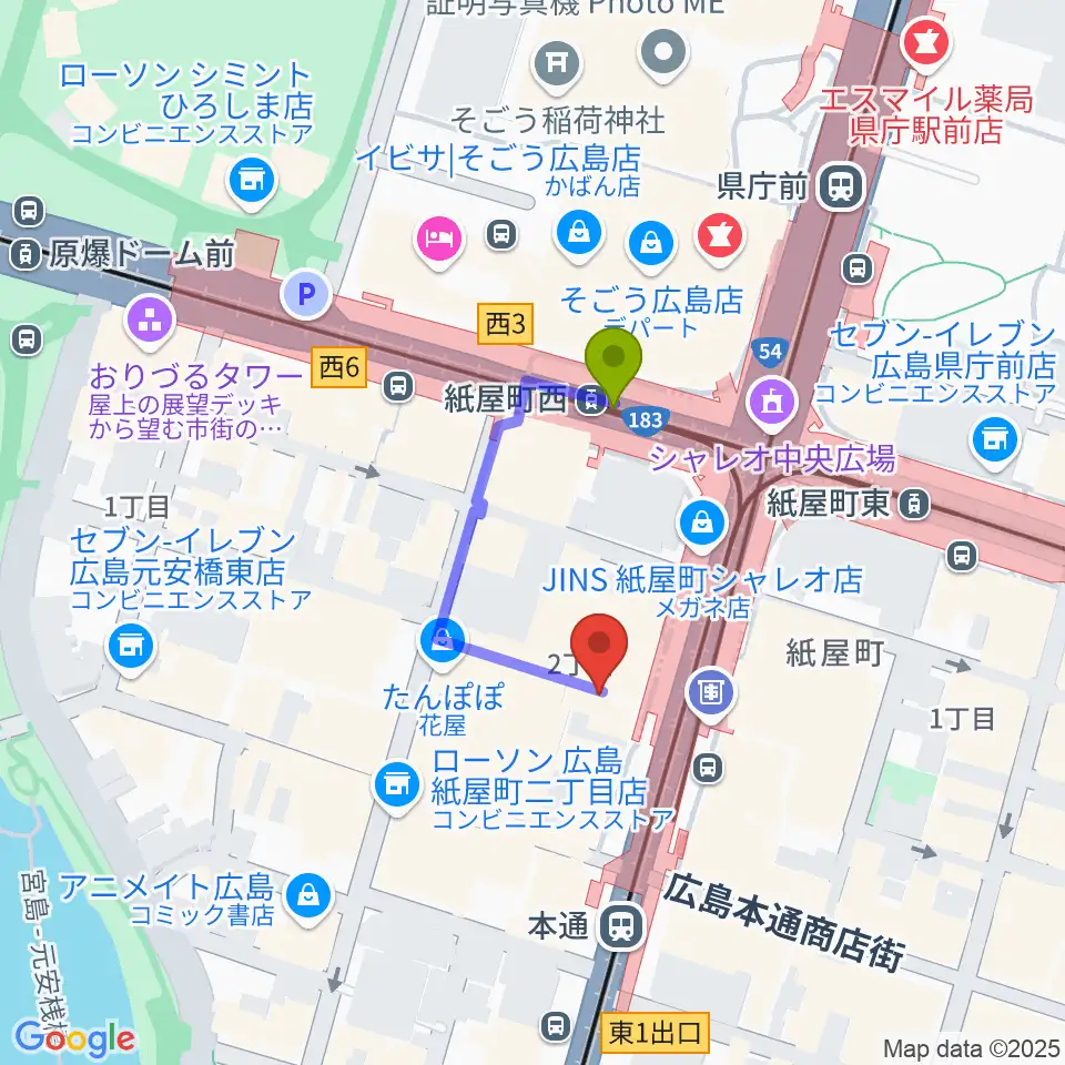 紙屋町西駅からカワイ広島へのルートマップ地図