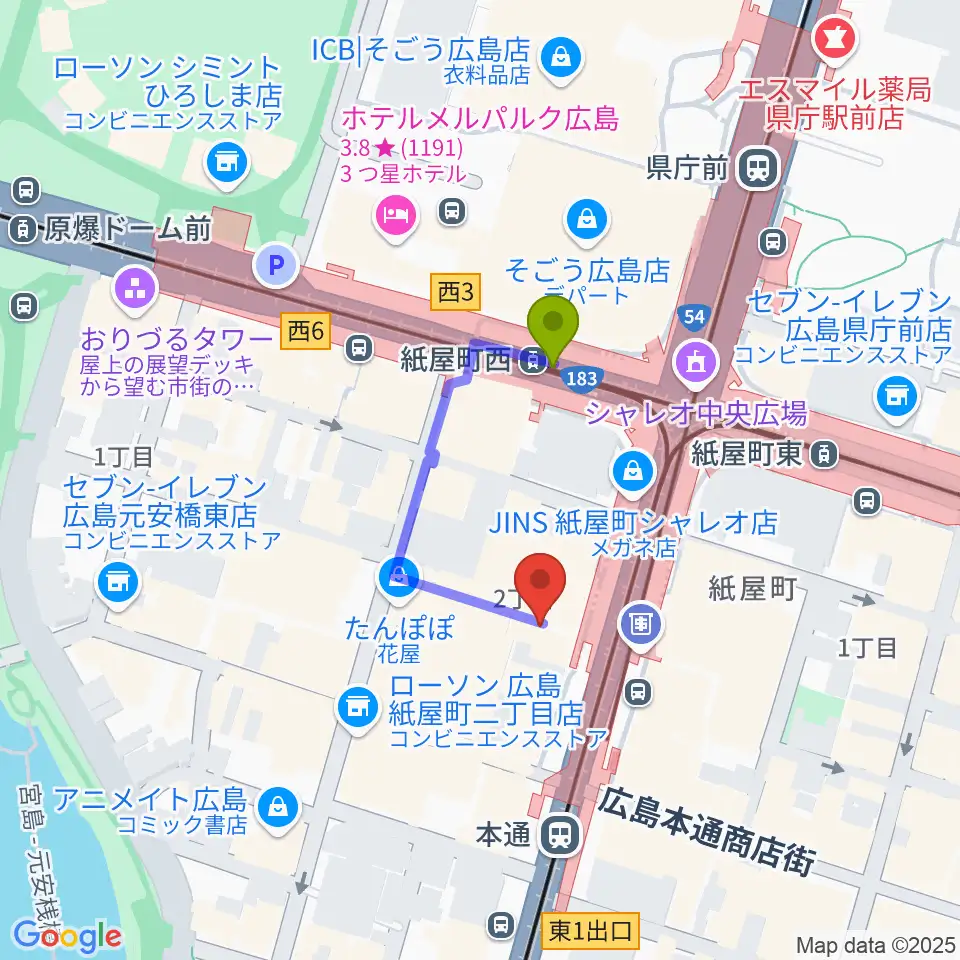 紙屋町西駅からカワイ広島へのルートマップ地図