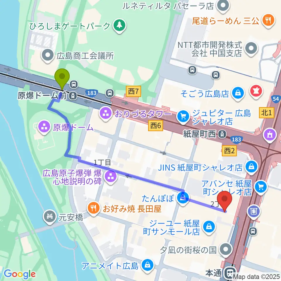 原爆ドーム前駅からカワイ広島へのルートマップ地図