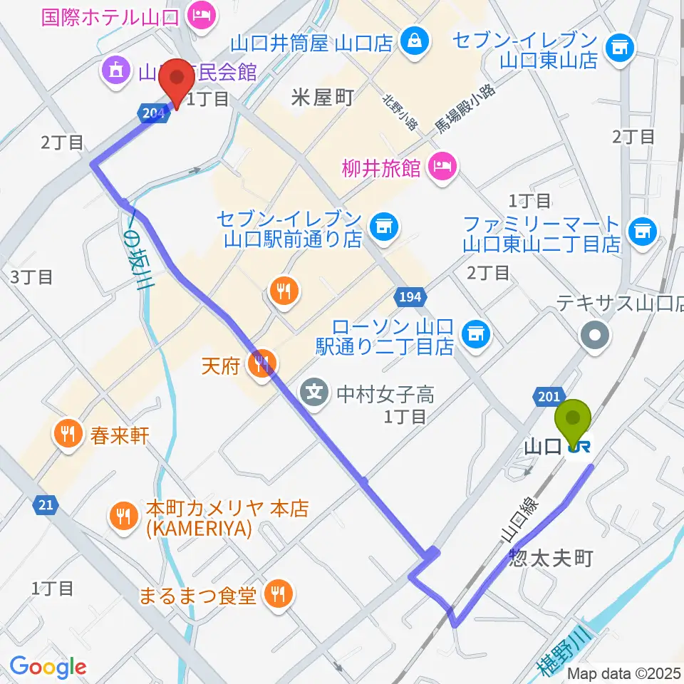 カワイ山口ショップの最寄駅山口駅からの徒歩ルート（約12分）地図