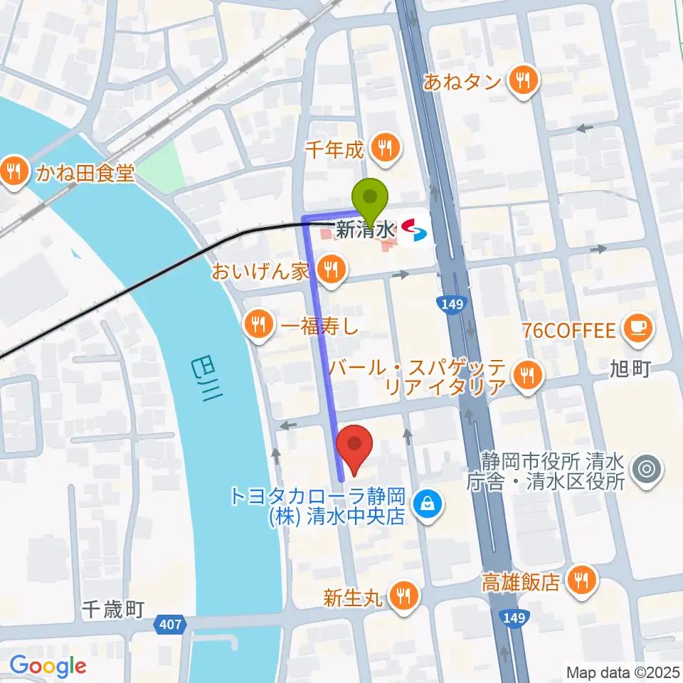 もちづき楽器 清水巴町本店の最寄駅新清水駅からの徒歩ルート（約3分）地図