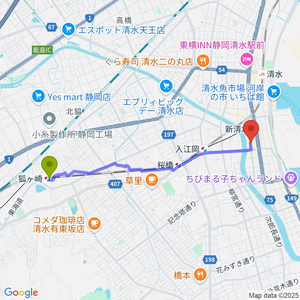 狐ヶ崎駅からもちづき楽器 巴町本店センターへのルートマップ地図