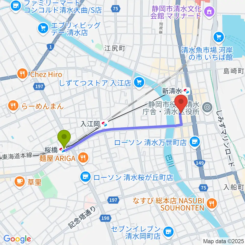 桜橋駅からもちづき楽器 巴町本店センターへのルートマップ地図