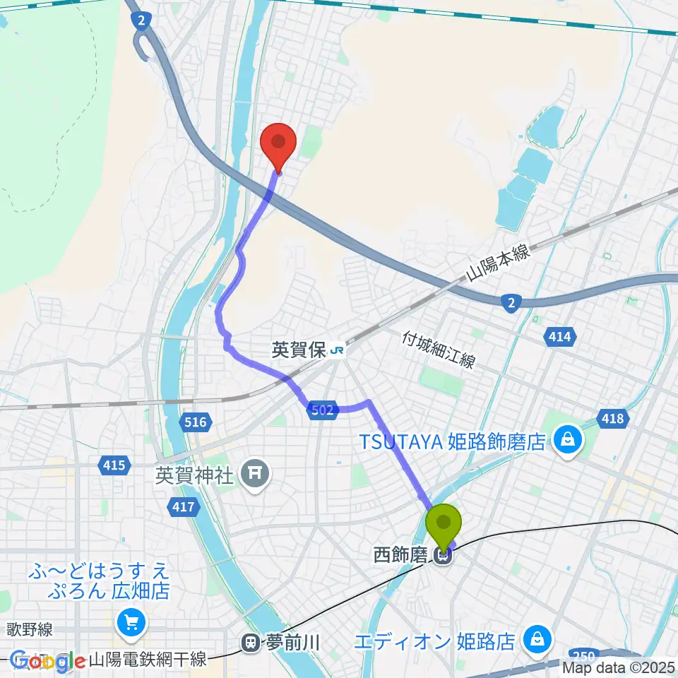 西飾磨駅からルフォンクへのルートマップ地図