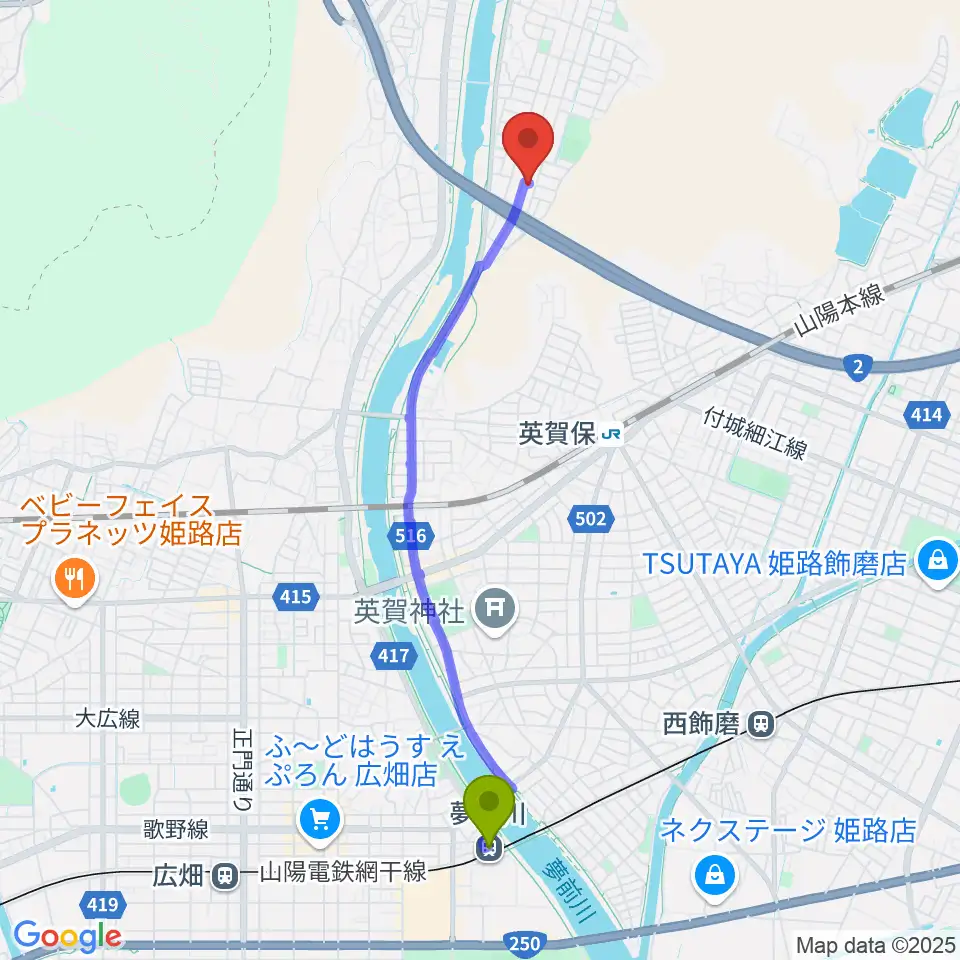 夢前川駅からルフォンクへのルートマップ地図