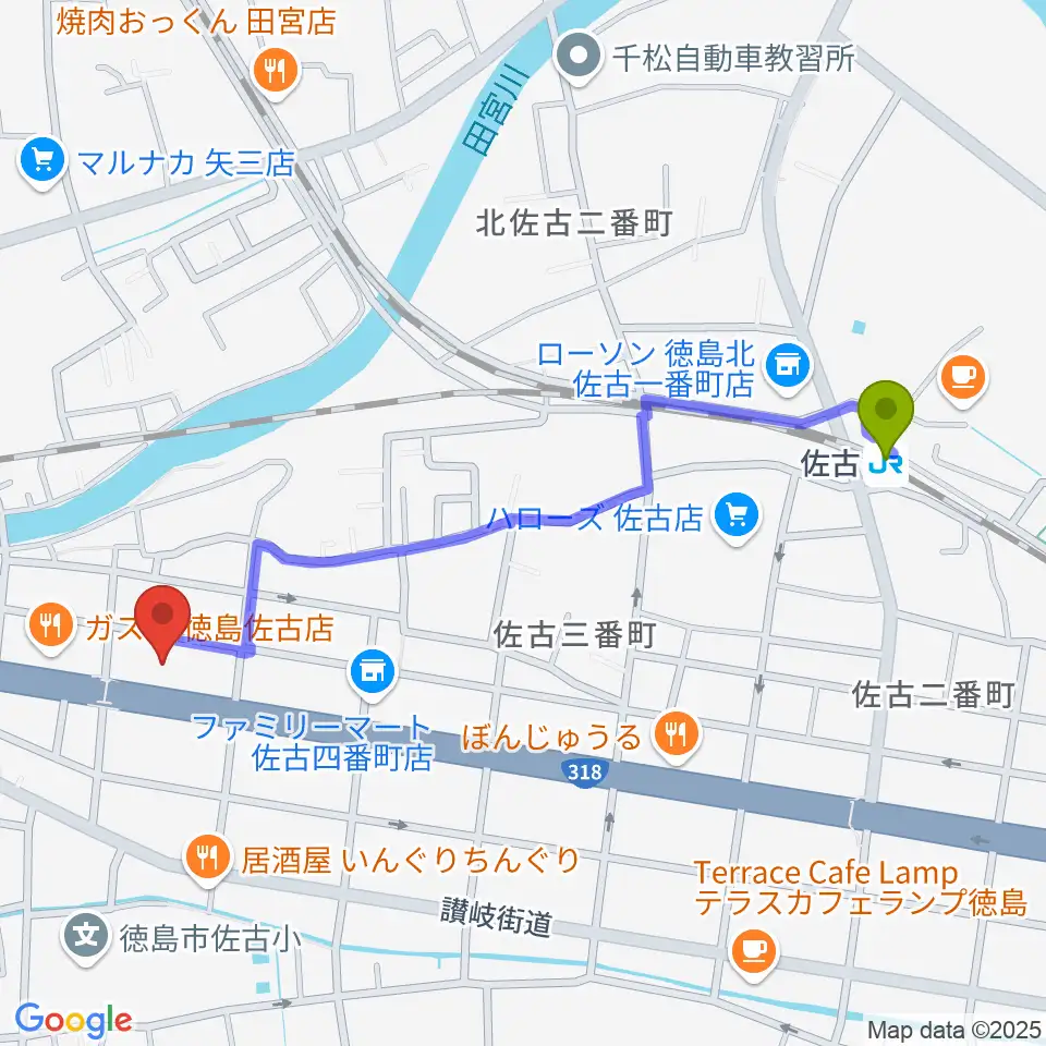 カワイ徳島ショップの最寄駅佐古駅からの徒歩ルート（約11分）地図