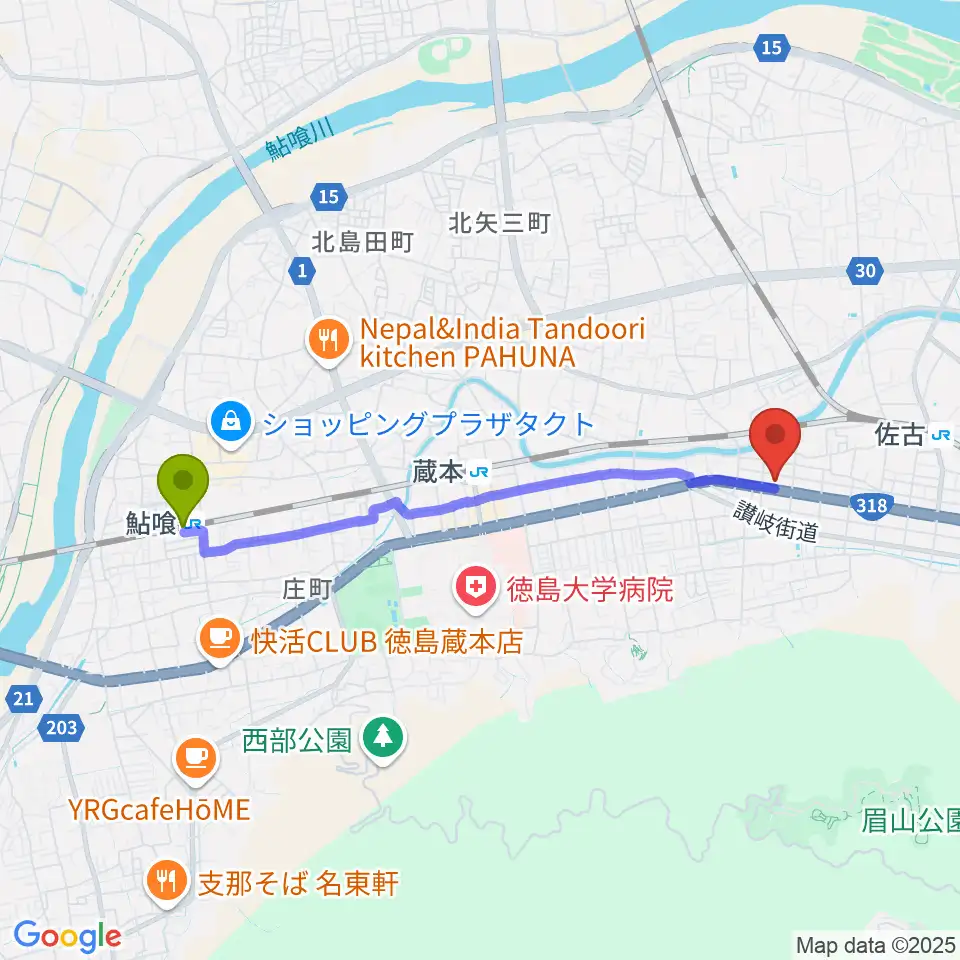 鮎喰駅からカワイ徳島ショップへのルートマップ地図