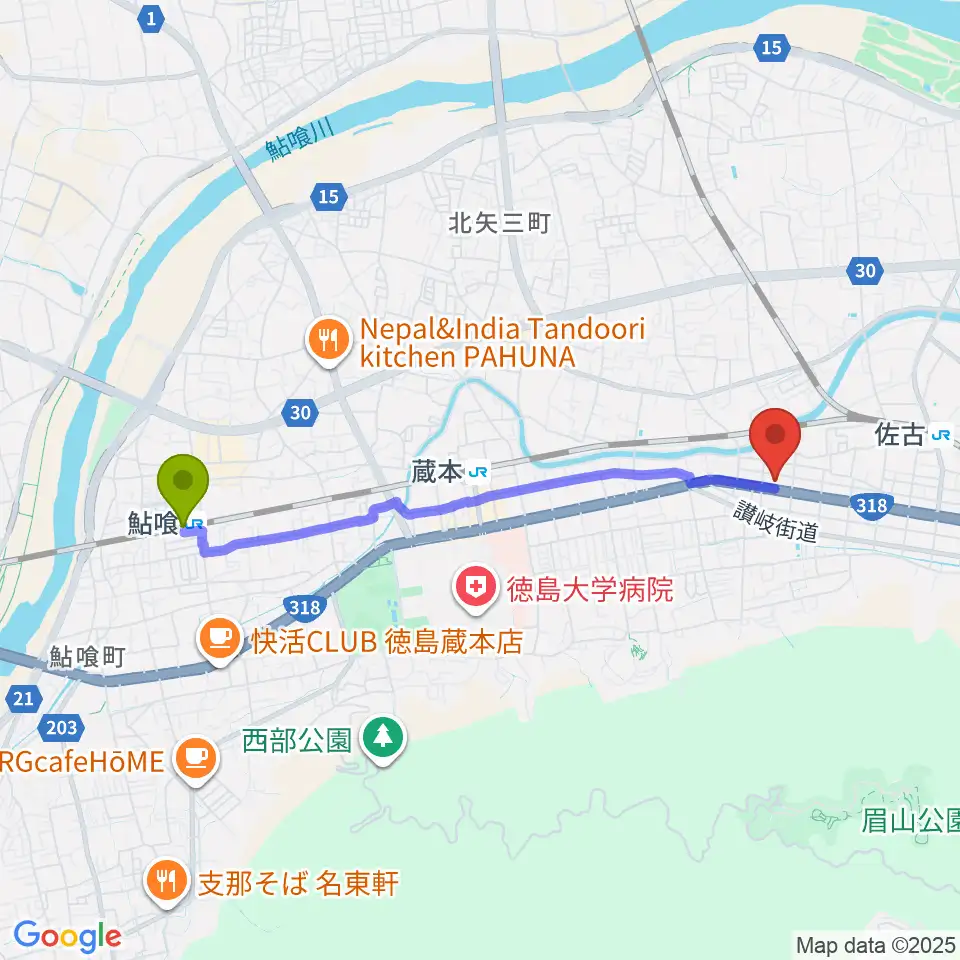 鮎喰駅からカワイ徳島ショップへのルートマップ地図
