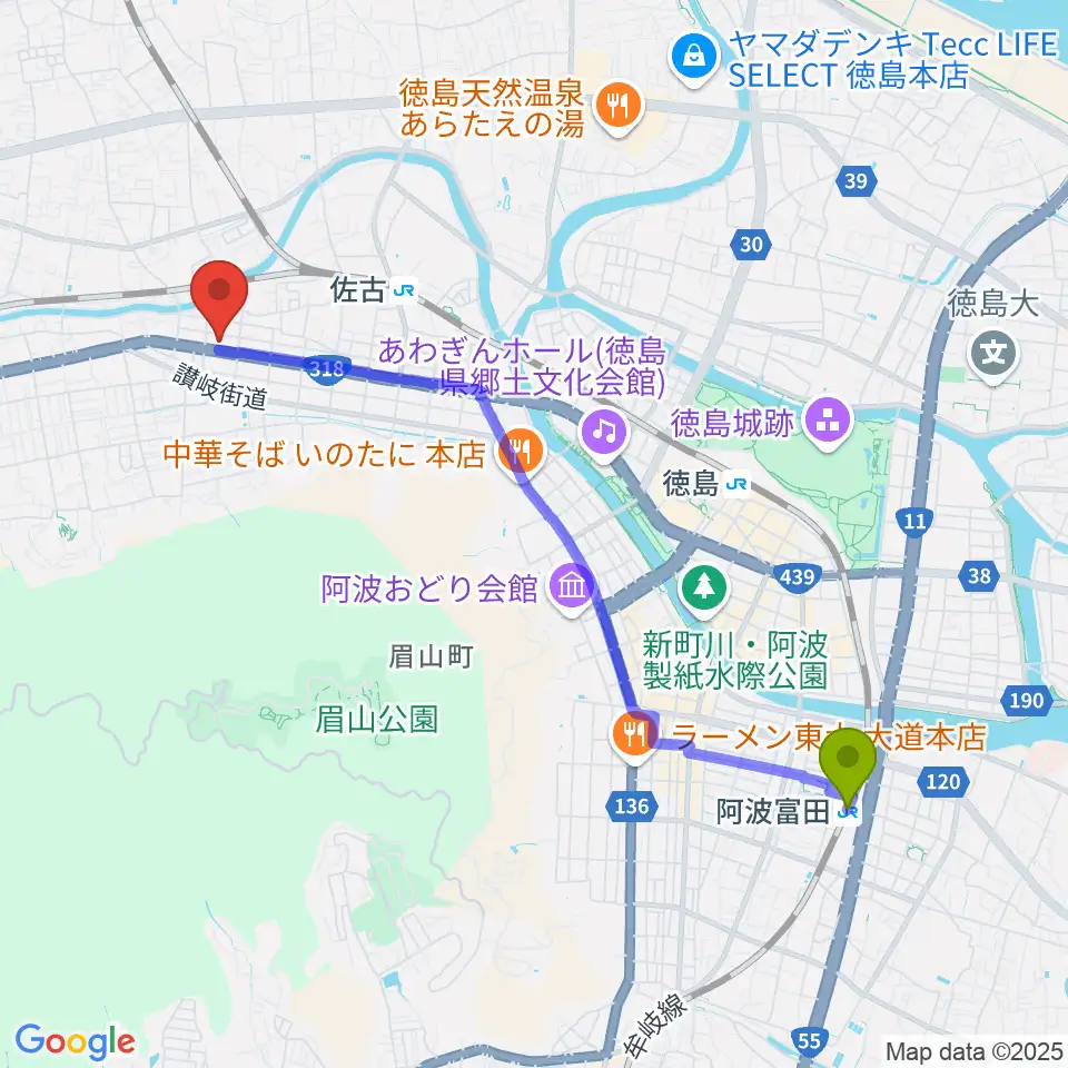 阿波富田駅からカワイ徳島ショップへのルートマップ地図
