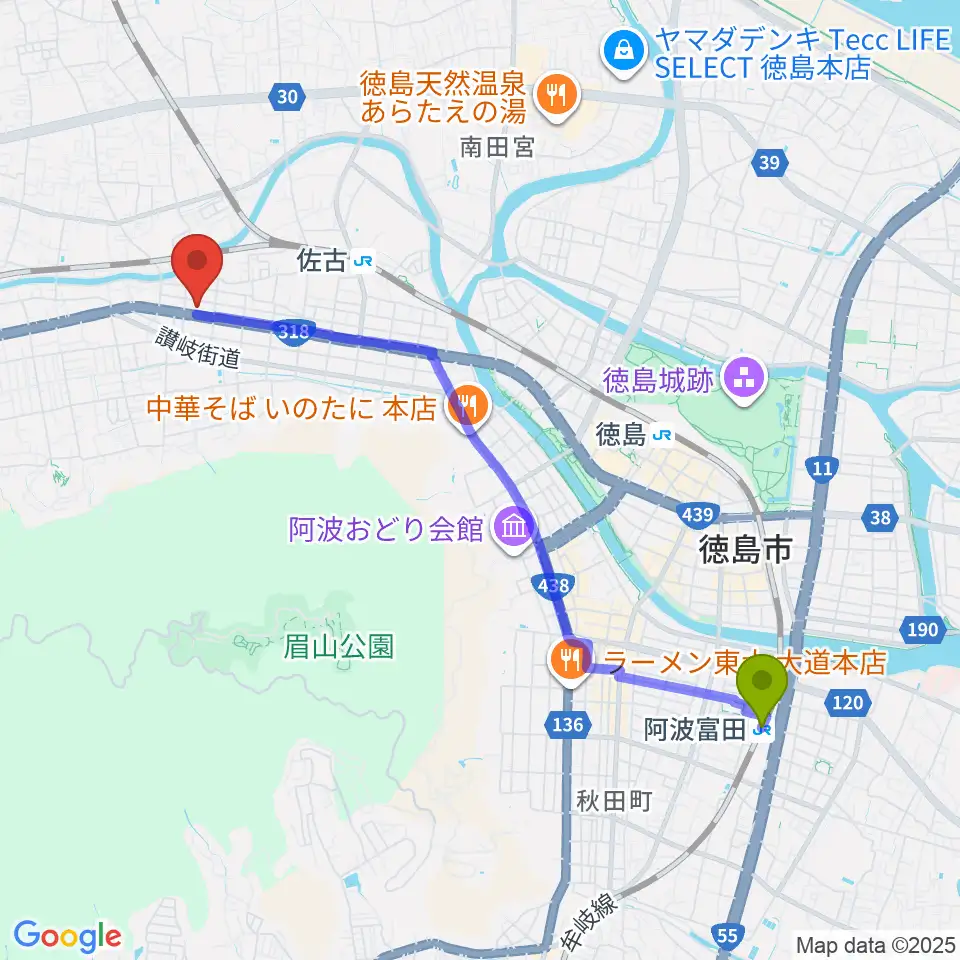 阿波富田駅からカワイ徳島ショップへのルートマップ地図