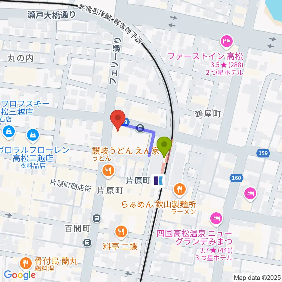 カワイ高松ショップの最寄駅片原町駅からの徒歩ルート（約2分）地図