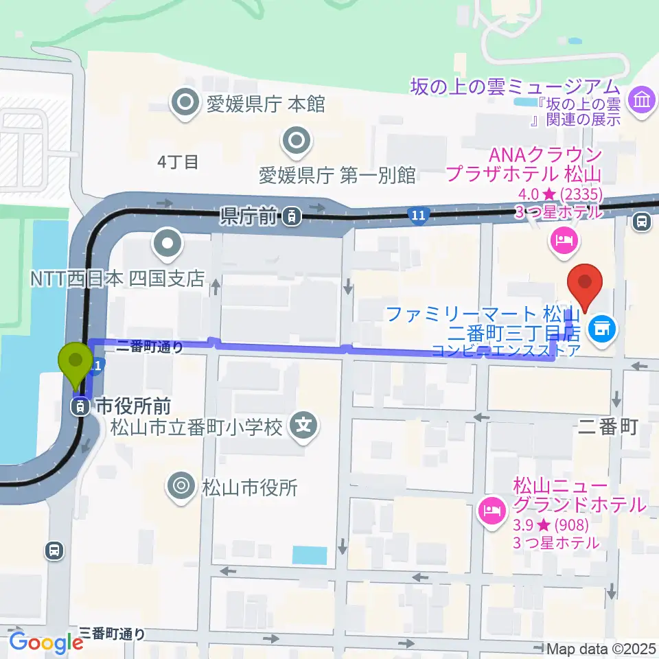 市役所前駅からカワイ松山ショップへのルートマップ地図