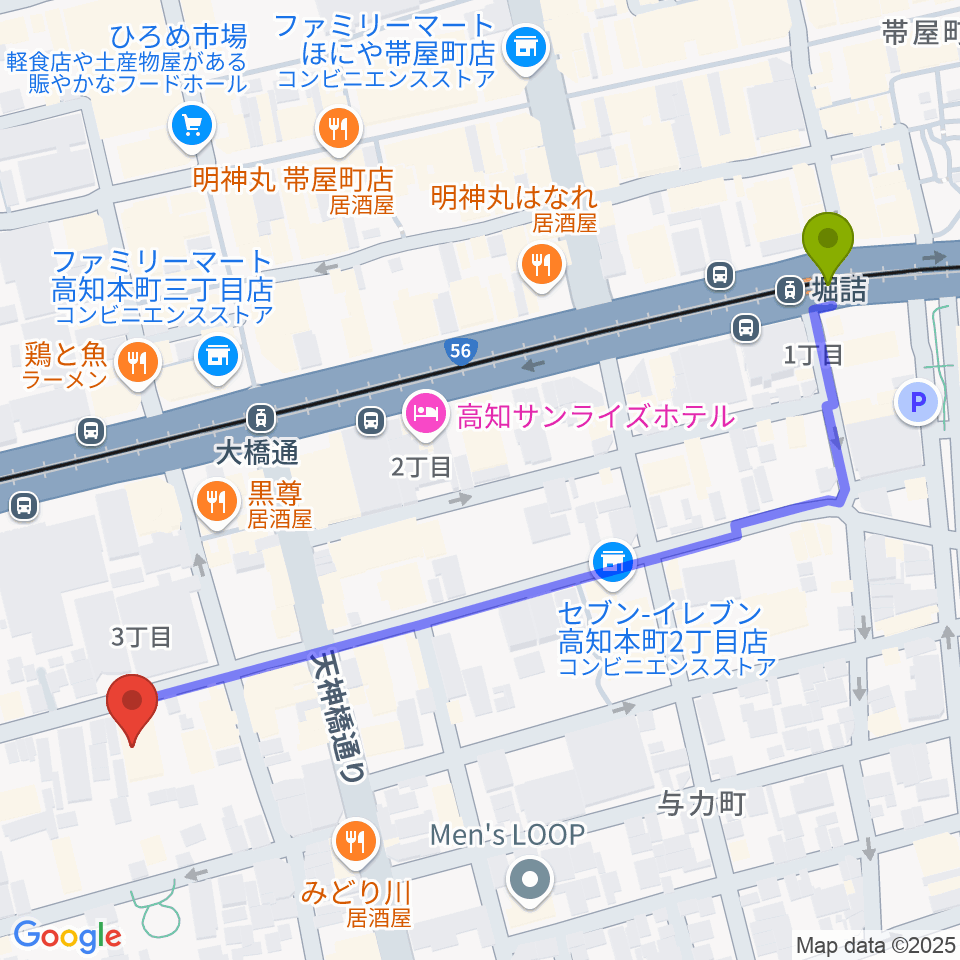 堀詰駅からカワイ高知ショップへのルートマップ地図