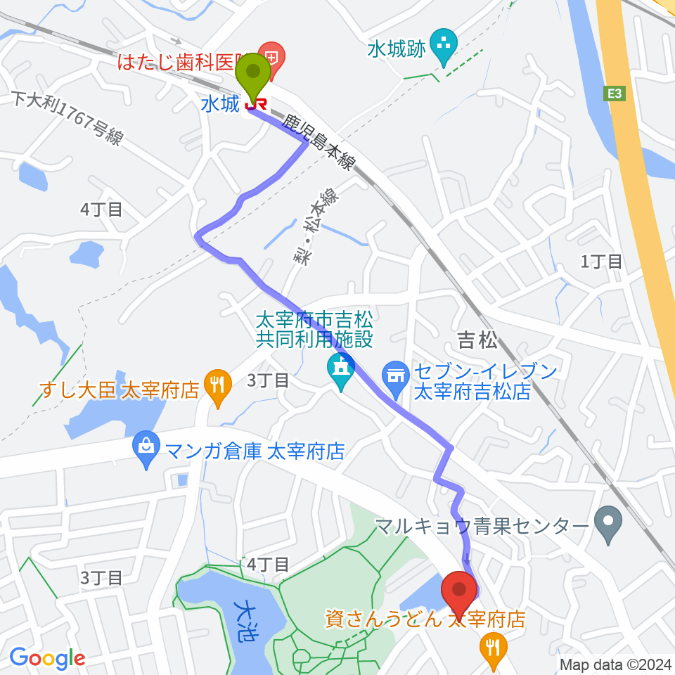 カワイ福岡の最寄駅水城駅からの徒歩ルート（約13分）地図
