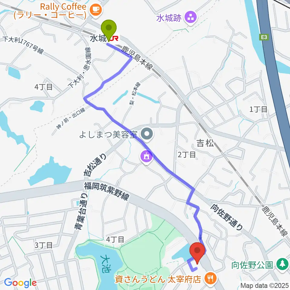 カワイ福岡の最寄駅水城駅からの徒歩ルート（約13分）地図