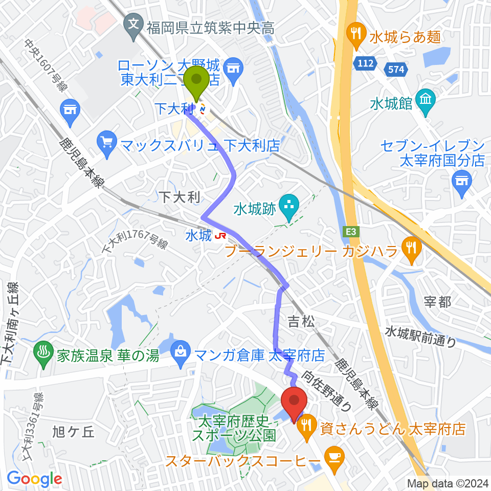 下大利駅からカワイ福岡へのルートマップ地図