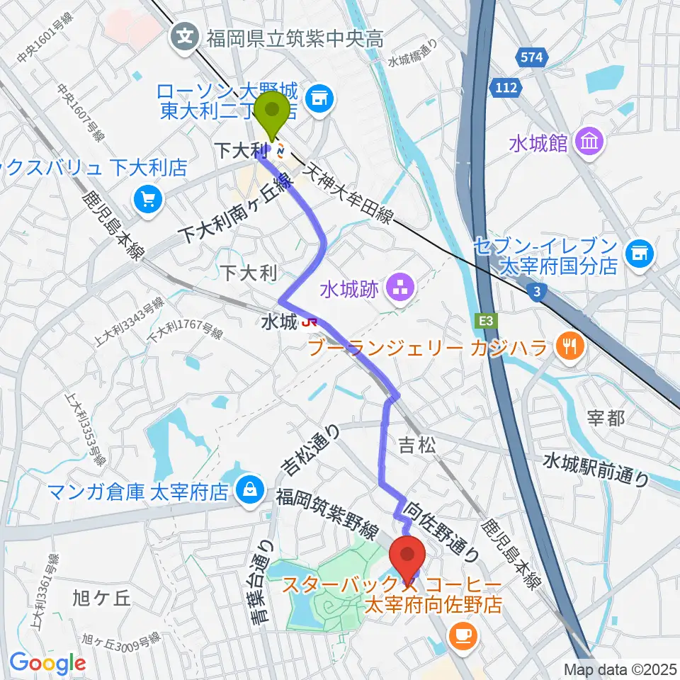 下大利駅からカワイ福岡へのルートマップ地図