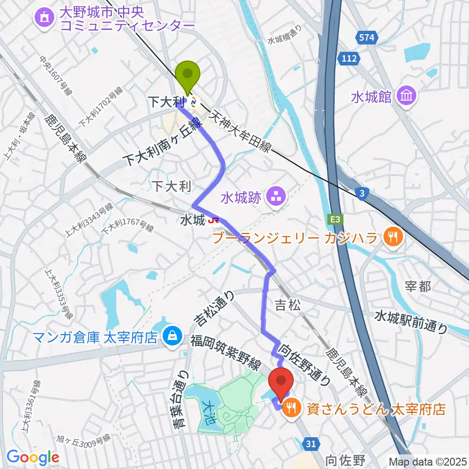 下大利駅からカワイ福岡へのルートマップ地図