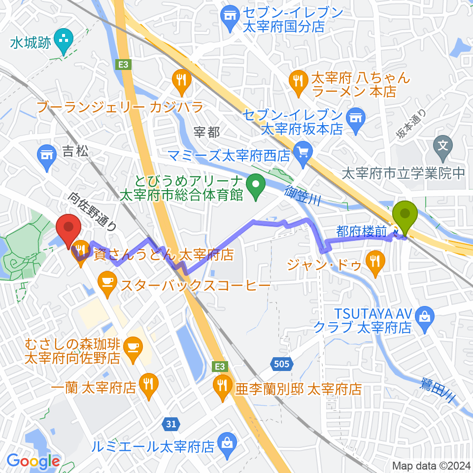 都府楼前駅からカワイ福岡へのルートマップ地図
