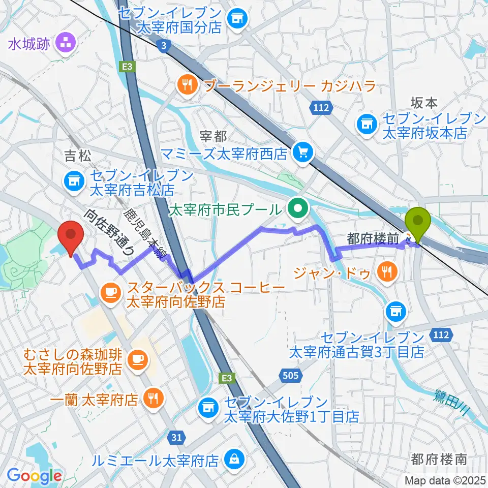 都府楼前駅からカワイ福岡へのルートマップ地図