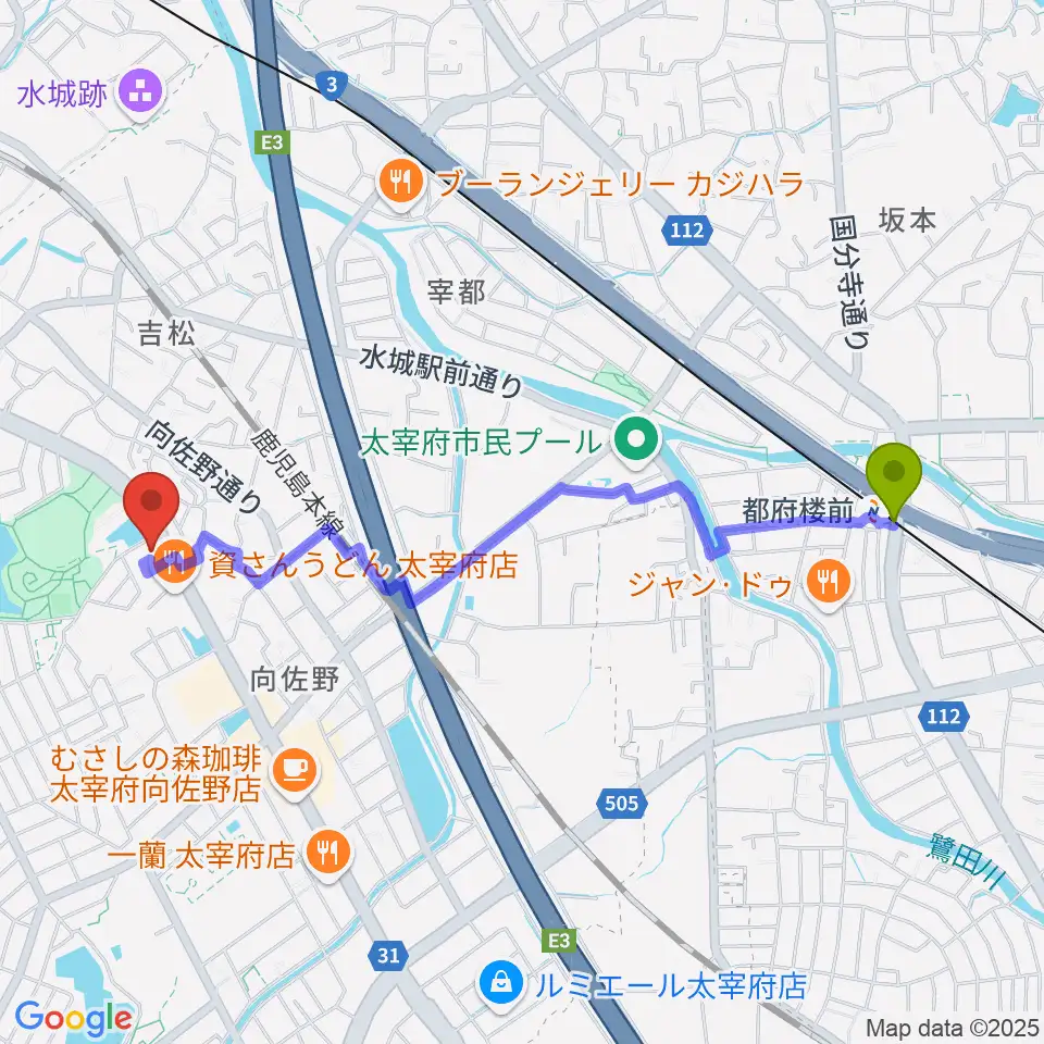 都府楼前駅からカワイ福岡へのルートマップ地図