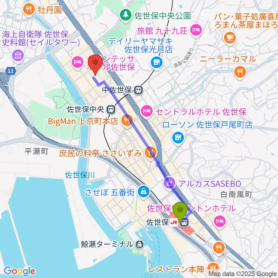 佐世保駅からカワイ佐世保ショップへのルートマップ地図