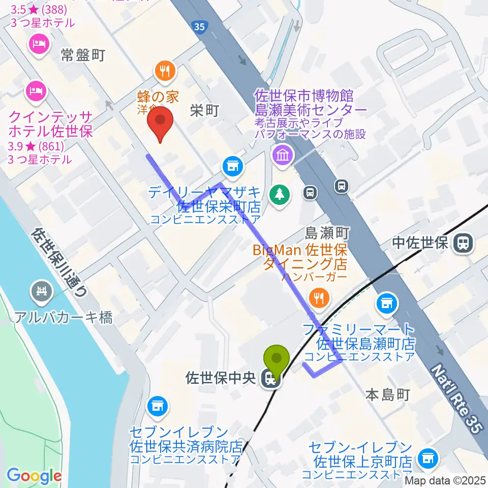 カワイ佐世保ショップの最寄駅佐世保中央駅からの徒歩ルート（約4分）地図