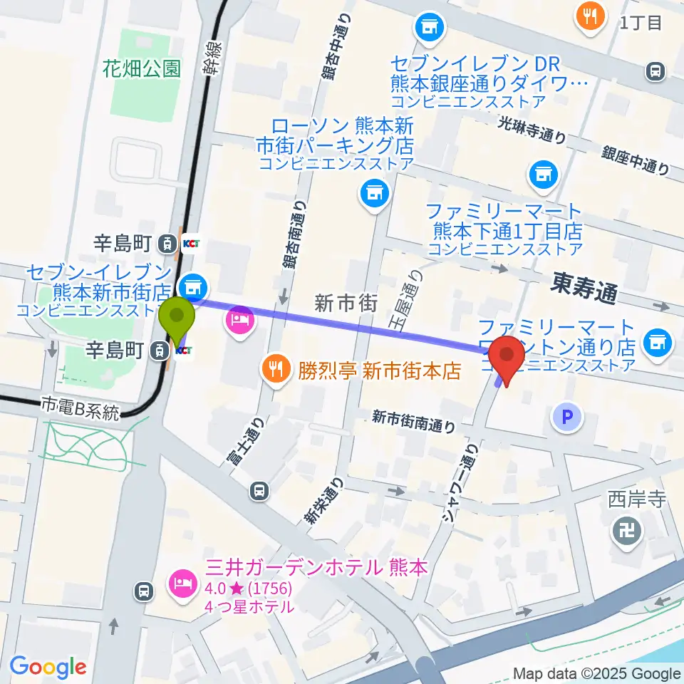 カワイ熊本ショップの最寄駅辛島町駅からの徒歩ルート（約4分）地図